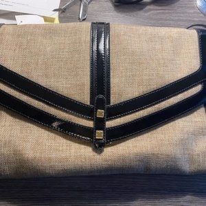 Vintage Liz Claiborne Tan/Beige Linen Black Clutch/crossbody/handbag